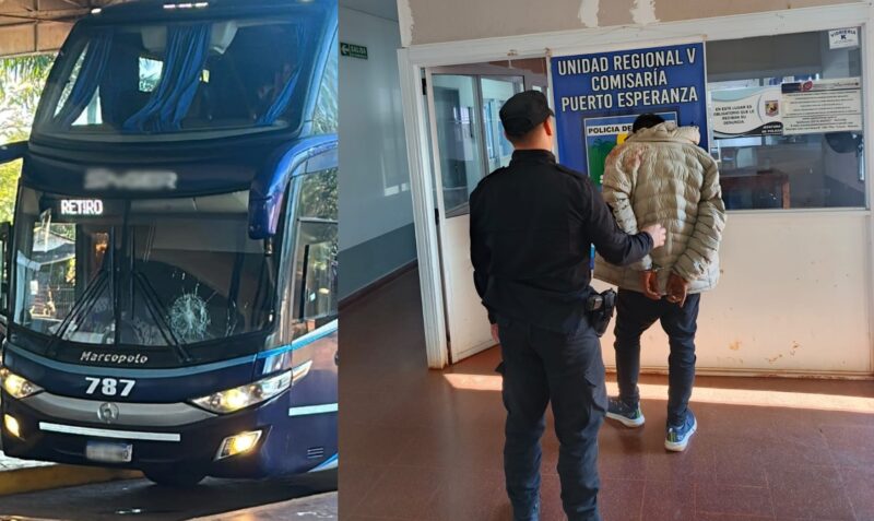 terminal de Puerto Esperanza colectivo atacó a pedradas daña ómnibus